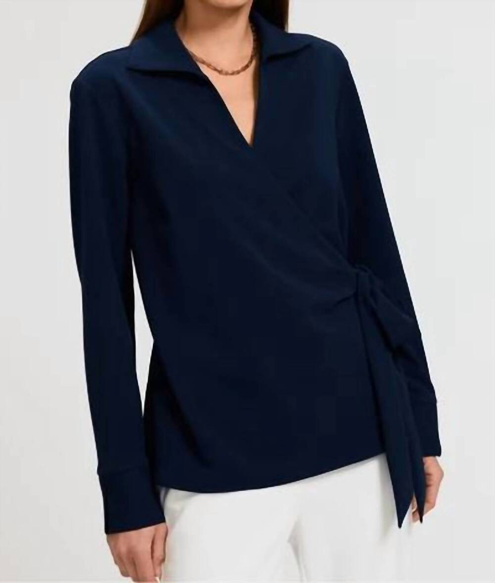 NEW FOXCROFT rosie knit crepe wrap long sleeve shirt in navy